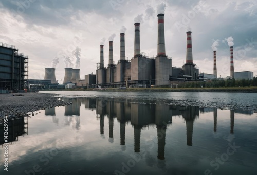 Photorealistic riverfront thermal plant, industrial style with muted tones, perfect for energy, water use, and environmental management visuals