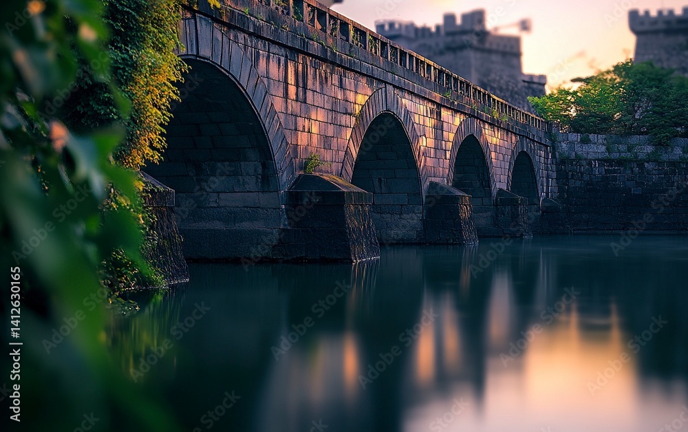 Fototapeta premium The majestic stone bridge Nihonbashi Bridge at Chanoyu Palace in Tokyo, Japan, with the castle and green gardens in the background. This view was taken at sunrise with soft focus on the water reflecti