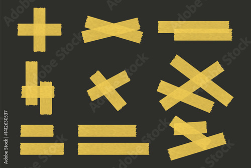 Yellow adhesive tape pieces in various crossed and straight arrangements on a dark background, realistic texture, isolated for design or decoration use.