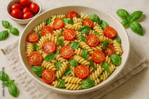 Fresh Pasta Salad With Cherry Tomatoes and Basil on a Light Background