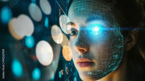 Digital identity theft and cyber fraud concept with glowing facial interface