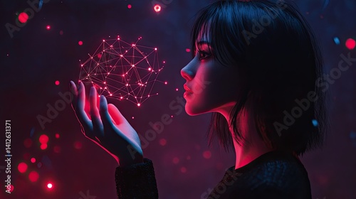 Elegant woman holding a glowing data structure in a futuristic environment