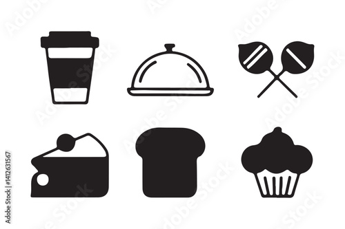Stylish and minimalist food and drink icon set including coffee, pizza, utensils, fruits, and beverages in clean vector lines.
