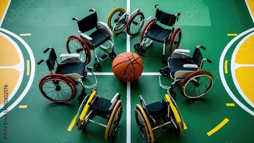 Aerial view of multiple wheelchair basketball chairs arranged in a circle around a basketball on a vibrant court.