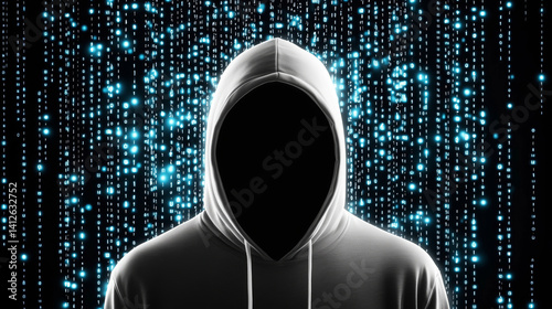 mysterious figure in hoodie stands against digital backdrop of glowing binary code