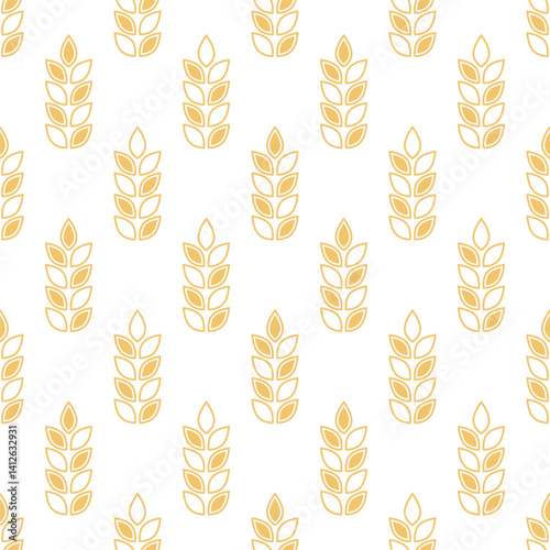 Wheat seamless pattern. Repeating grain wheats on white background. Repeated flour patterns. Spike corn. Bakery texture. Repeat beer ear. Design oat for bread cereal prints. Vector illustration
