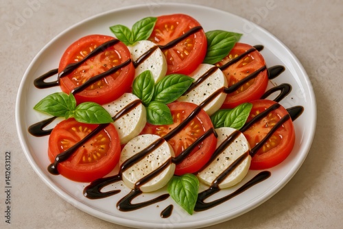 Fresh Tomato and Mozzarella Salad Garnished With Basil and Balsamic Glaze