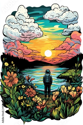 Astronaut gazes at lake sunset surrounded by flowers and trees with a cloudy, colorful background