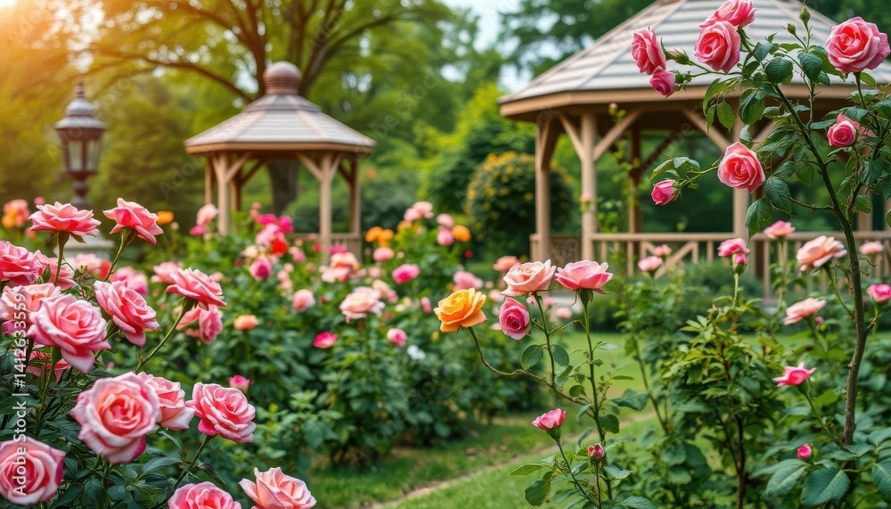 Obraz premium Gentle spring breeze sweeps across a lush rose garden, blooming roses near a gazebo, vibrant, flowers