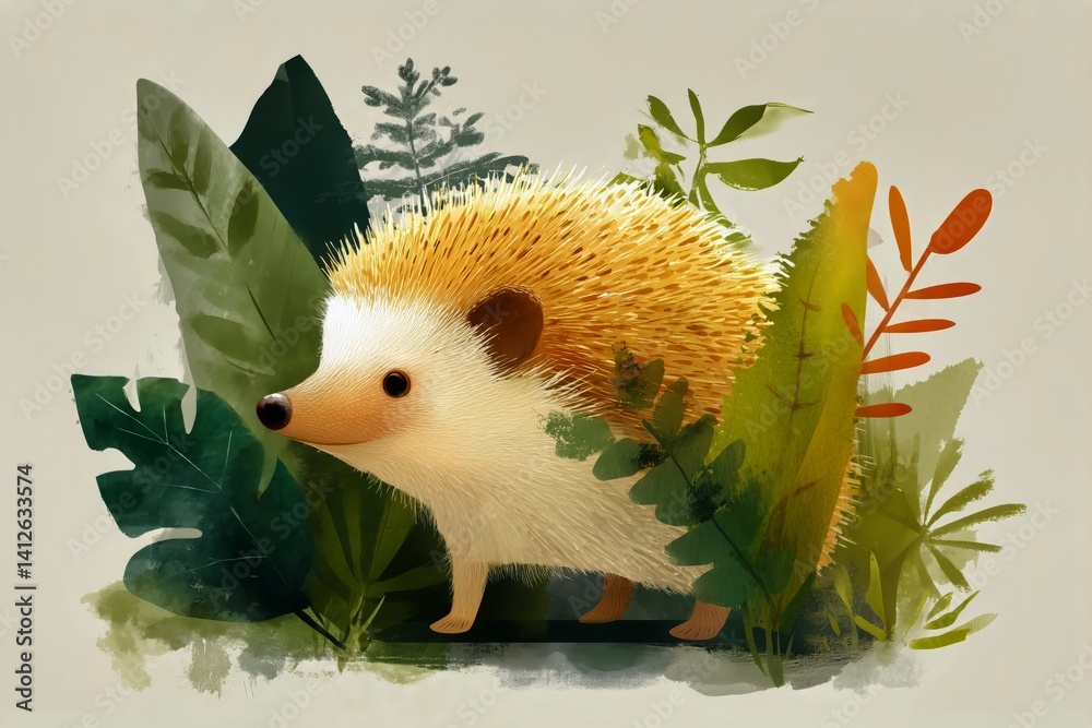 Cute Hedgehog Standing Among Mushrooms and Plants in a Whimsical Forest Setting