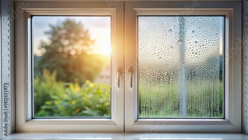 Double-paned window condensation comparison one pane shows a clear view of a sunlit garden, the other displays significant moisture accumulation.