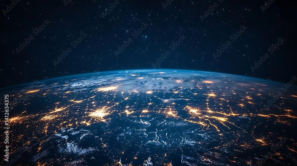 Obraz premium Stunning Night View of Earth from Space, A stunning view of Earth from space, showcasing illuminated cities and landscapes at night