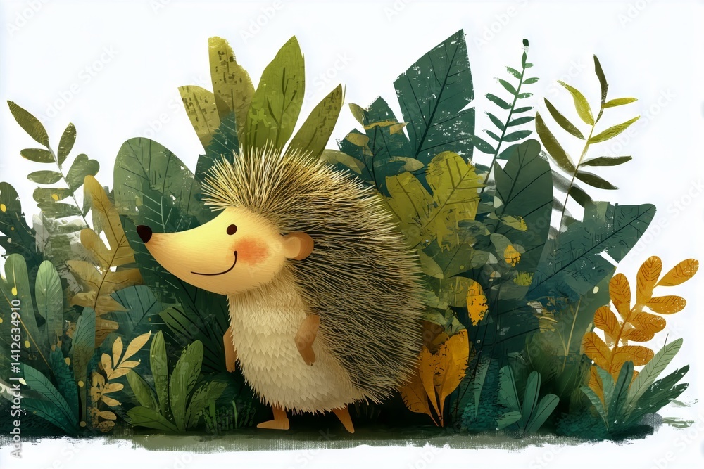 Hedgehog Smiling in a Lush, Green Forest Filled With Vibrant Plants and Colorful Foliage During Daylight