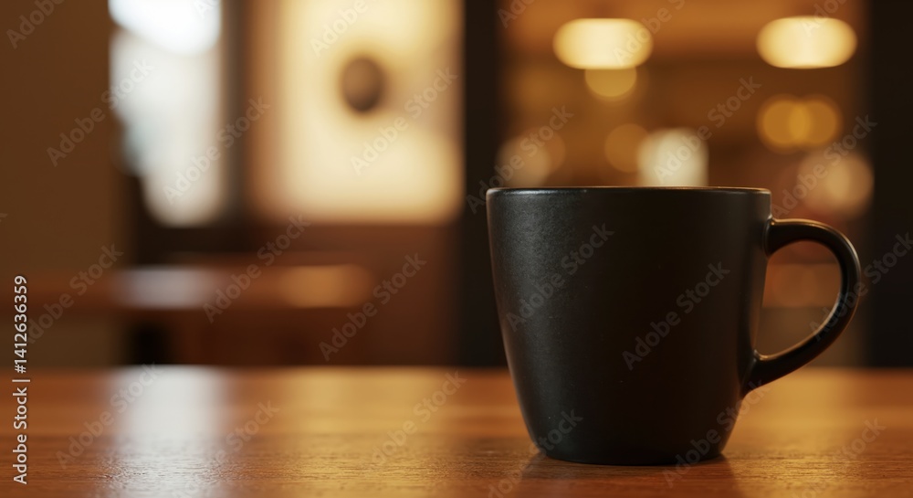 Black coffee cup on wooden table in cozy café setting Black coffee cup on wooden table in cozy café setting