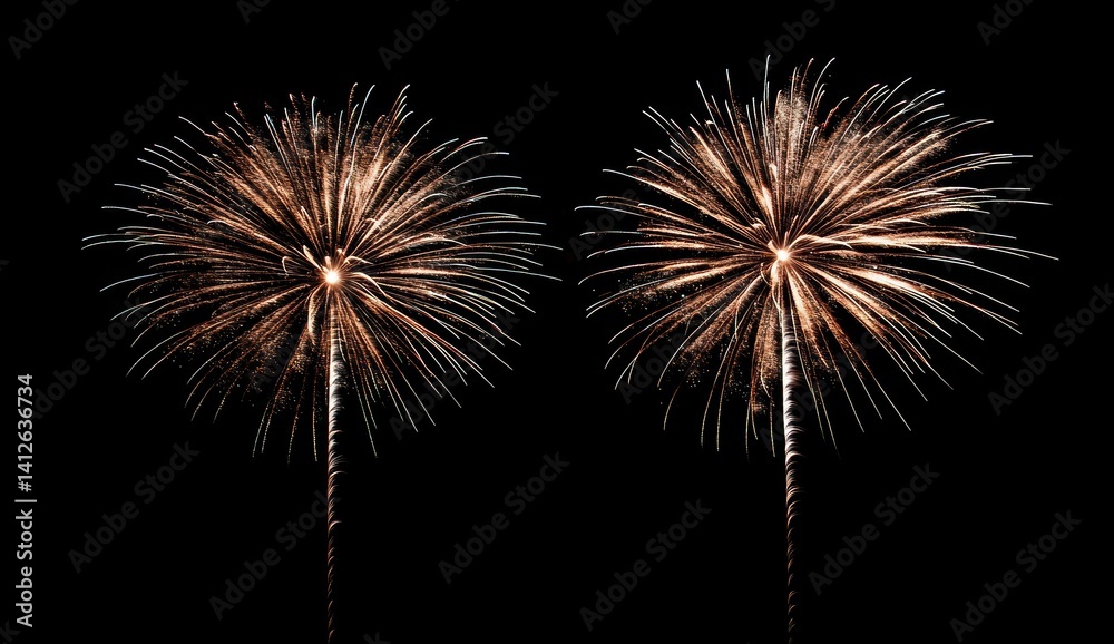Two fireworks explode in the night sky creating a bright display. Two fireworks explode in the night sky creating a bright display.