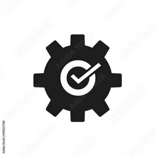 Black Gear Symbol with Check Mark Signifying Success and Approval