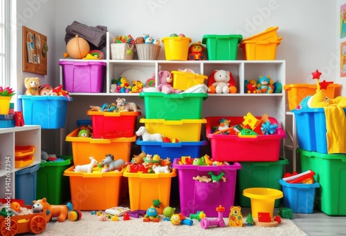 Colorful plastic bins overflowing with diverse toys in a bright playroom, play, play area