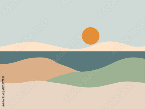 Sunset over the sea. Vector illustration in a flat style.