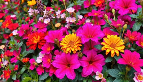 A riot of colorful blooms, lush foliage, vibrant petals, joyful serenity, floral, photography