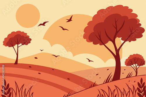 8 Golden sunset, autumn landscape, red trees, rolling hills, orange sky, large sun, flying birds, warm colors, scenic view, cartoon style, digital illustration, peaceful atmosphere, 2D artwork
