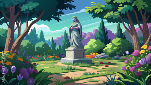 Stone statue nestled among wildflowers in a quiet corner of a public park