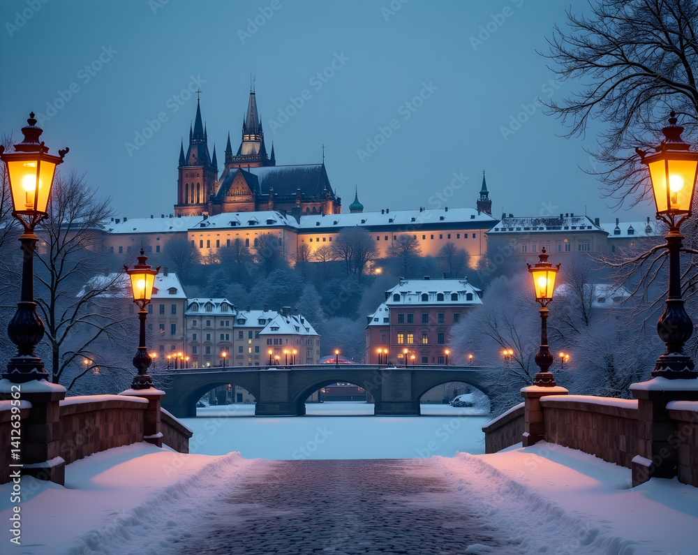 Obraz premium Winter Wonderland, A Breathtaking Panoramic View of a Historic European Cityscape Covered in Snow, Illuminated by Warm Streetlights at Dusk, Evoking a Sense of Tranquility