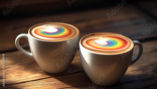 Two coffee cups with rainbow latte art on wooden table, natural soft light, top view. Symbolic of love and togetherness, minimalist and mockup-ready.