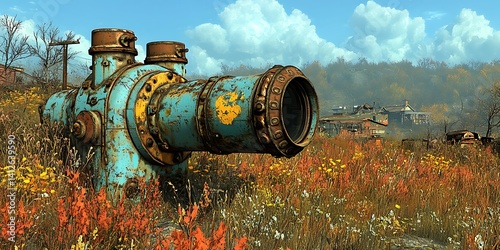 Obraz na płótnie Rusty pipe in overgrown field