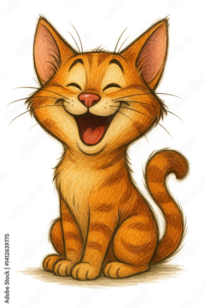Adorable Happy Cartoon Cat in Cheerful Illustration Against White Background