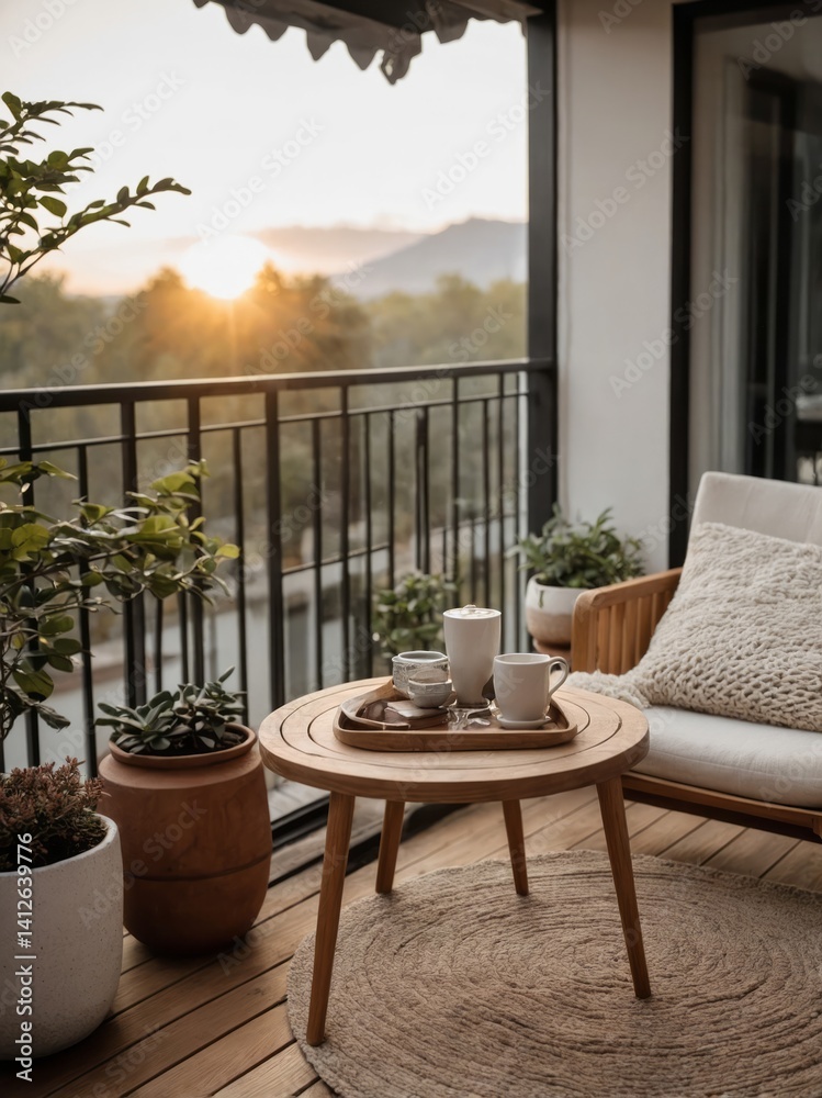 Fototapeta premium Balcony scene showing coffee plants and a beautiful sunrise view