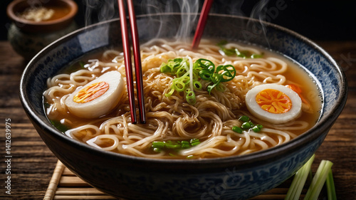 Steaming Bowl Of Ramen Noodles With Egg And Scallions Ready To Eat