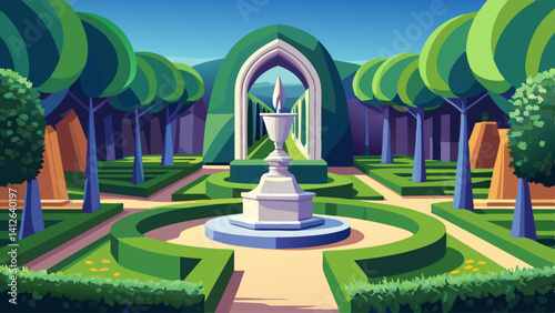 Minimalist sculpture framed by hedges and trimmed grass in a formal garden