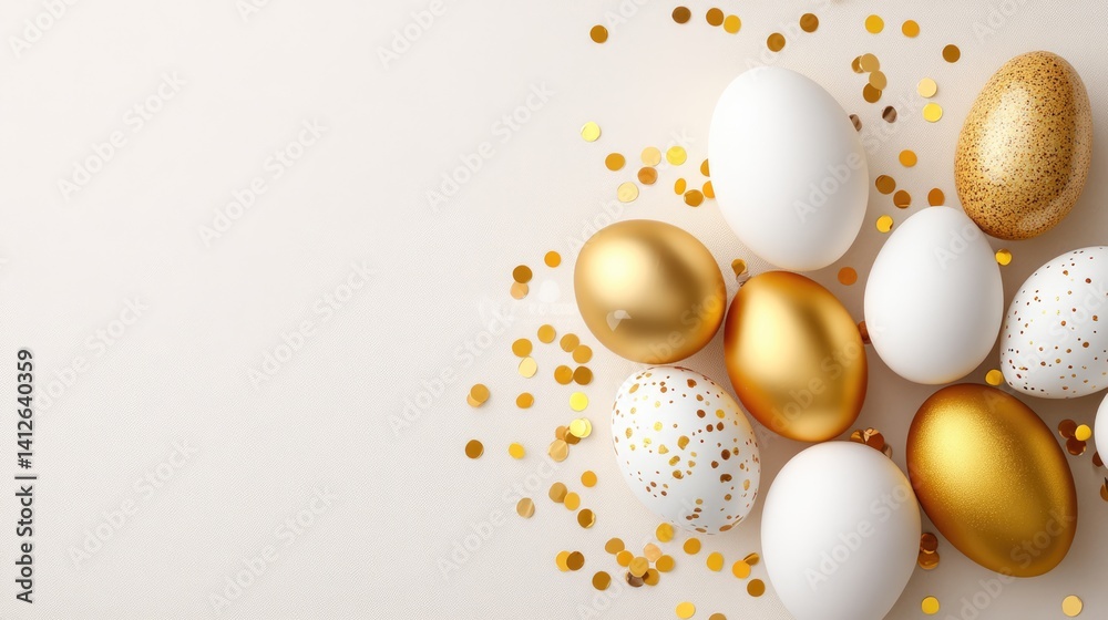 Elegant golden and white vertical easter eggs arrangement festive decor minimalist background Elegant golden and white vertical easter eggs arrangement festive decor minimalist background