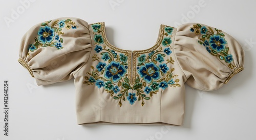 Embroidered Blouse Elegance: A close-up captures an exquisite embroidered blouse, showcasing detailed floral patterns, puff sleeves, and intricate design work in a soft and sophisticated manner. photo