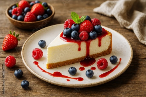 Fresh Berry Cheesecake Served on a Rustic Wooden Table With Mint Garnish