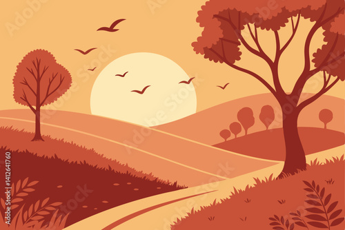 8 Golden sunset, autumn landscape, red trees, rolling hills, orange sky, large sun, flying birds, warm colors, scenic view, cartoon style, digital illustration, peaceful atmosphere, 2D artwork