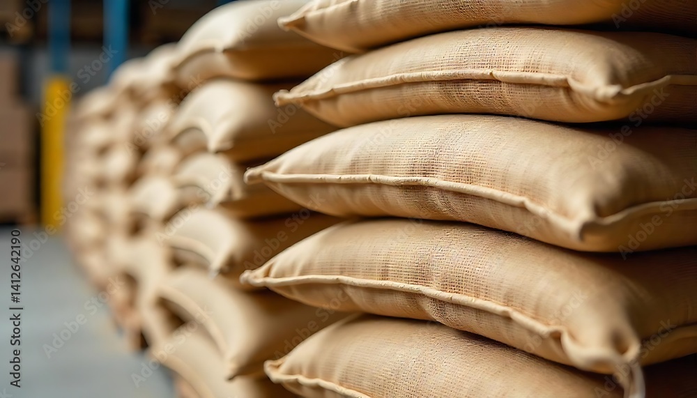 Naklejka premium Close up stack of seeds, beans full burlap bags or sacks in stock in warehouse, Roasted bean spilling out from jute sack looks delightful. Aromatic scent filled in air, created with generative ai