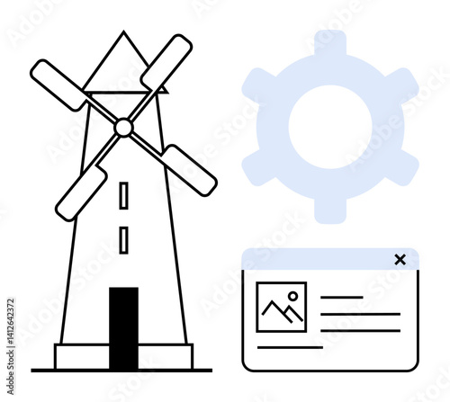Windmill, gear, and webpage interface expressing eco-friendly energy, digital transformation, and technological advancement. Ideal for sustainability, engineering, innovation, energy efficiency