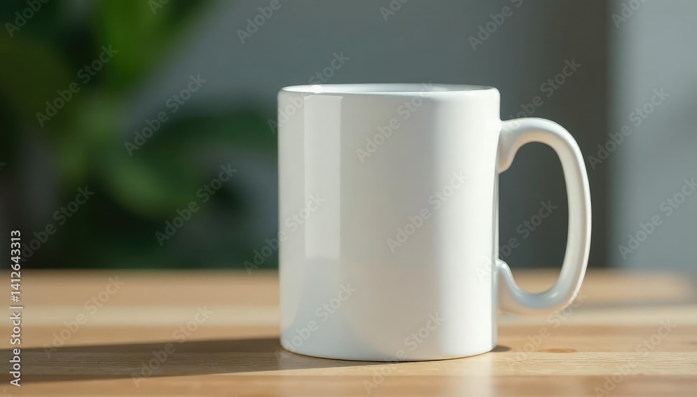 Fototapeta premium Classic white ceramic mug, handle detail visible , empty, morning, object