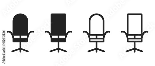 Office or gaming chair black isolated illustration set as a sign for UI. Vector icons in flat style.