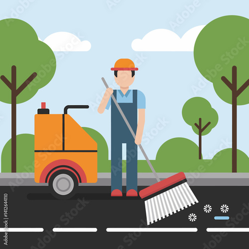 Street Sweeper Cleaning Road with Cart, Vector Illustration