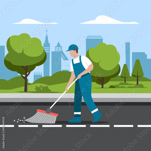 City Street Cleaner Sweeping Road, Urban Landscape Illustration