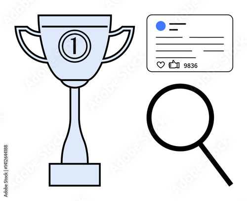 Trophy with the number 1, social profile card with thumbs ups and engagement, magnifying glass signifying achievement, recognition, data analysis, competitions, social media reach, ideal for a simple