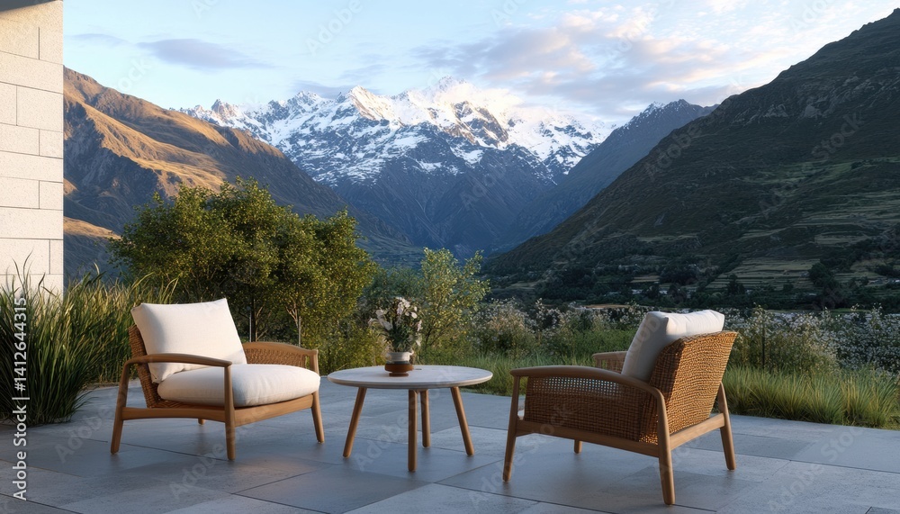 Fototapeta premium Glamping experience in the mountains elegant outdoor lounge with scenic views in a relaxing environment