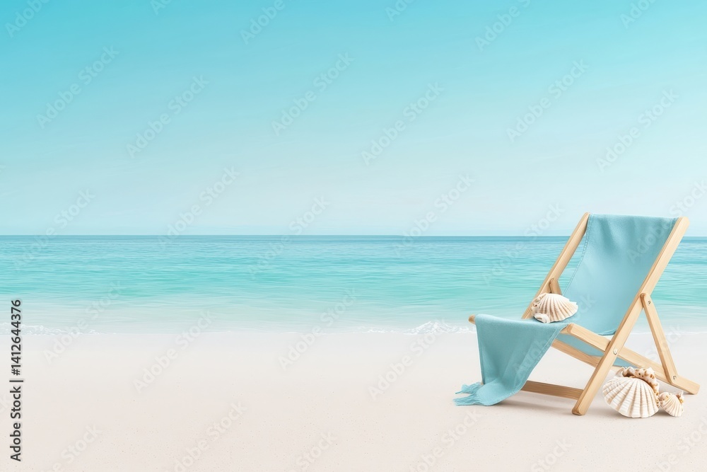 A serene beach scene featuring a chair and calm turquoise waters.