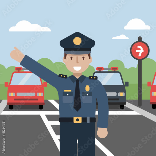 Friendly Policeman Directing Traffic near Police Cars - Vector Illustration