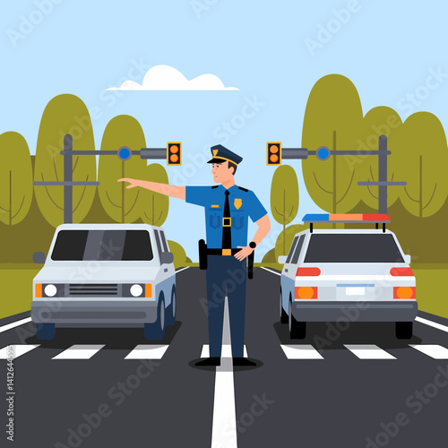 Police Officer Directing Traffic on City Street with Cars and Signal Lights
