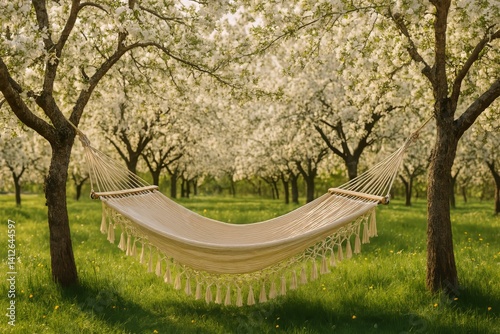 Relaxing in a Hammock Under Blooming Trees on a Sunny Spring Afternoon