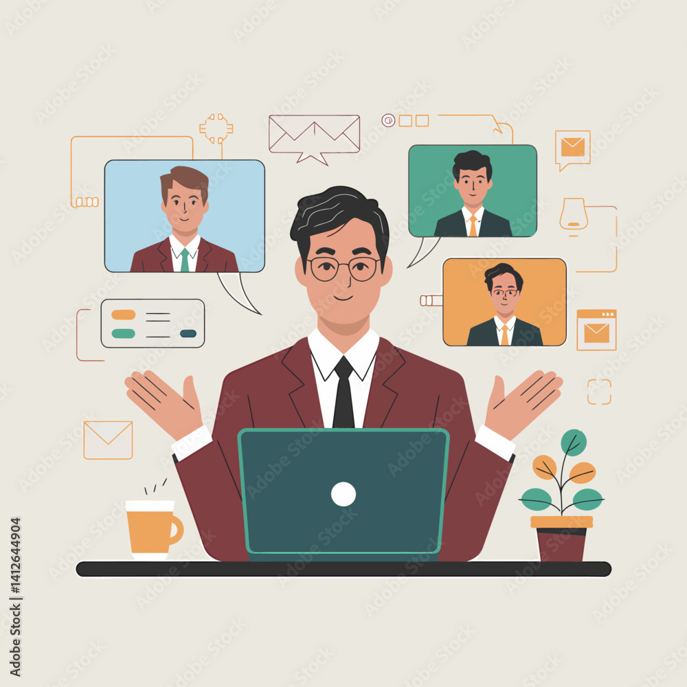 Virtual Meeting: Businessman Leading Video Conference with Team Members Virtual Meeting: Businessman Leading Video Conference with Team Members