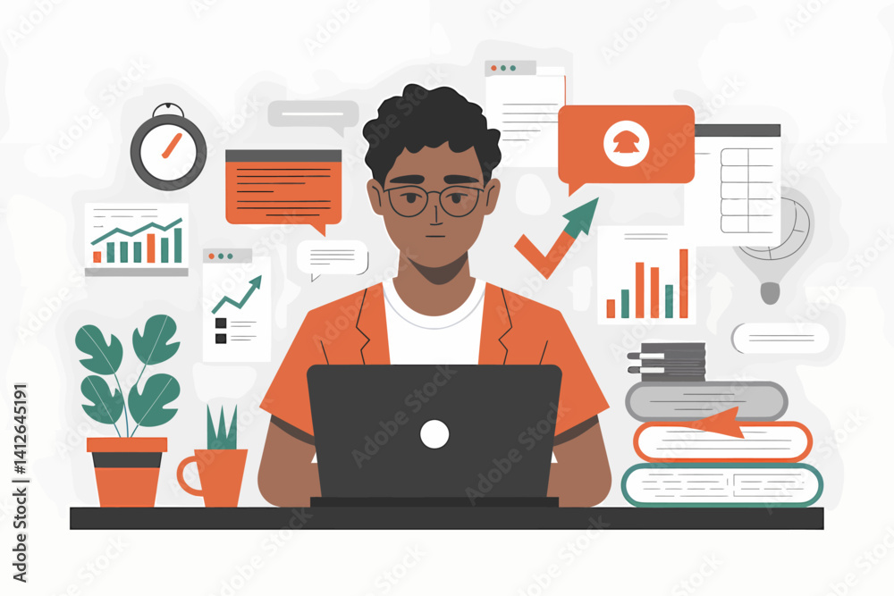 Focused Man Working on Laptop with Data Analytics and Communication Icons Focused Man Working on Laptop with Data Analytics and Communication Icons